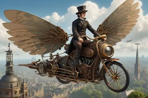 a male in a top hat is sitting on a motorcycle,velocipede,flying machine,sidesaddle,airship,barnstormer,air ship,wings transport,grandiloquence,gyroscopic,fantasy art,airships,flying girl,seat dragon,
