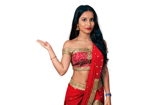 Indian beauty, seductive expression, dark skin, bright red lips, nose ring, bindi on forehead, long black hair, bare shoulder, red sari, gold jewelry, intricate henna design on hands, full-body shot, 