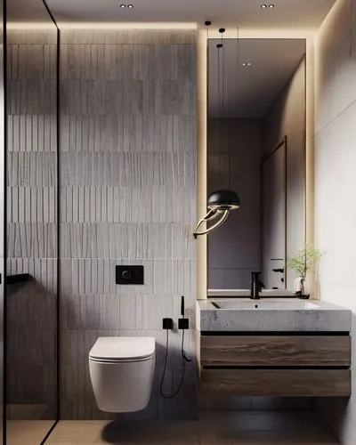 Enhance the overall render quality of this washroom image, focusing on improving lighting, reflections, material realism, and texture detailing. Ensure that the design layout, tile patterns, tile colo