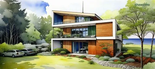 an artist's rendering of a three story house,home landscape,smart house,house painting,residential house,wooden house,mid century house,modern house,small house,holiday villa,house drawing,house in th