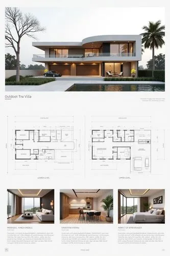A professional architectural presentation board with a Pure background and a clean, minimalist design layout. The board includes:

Top Section: On the top left, a photorealistic render of a contempora