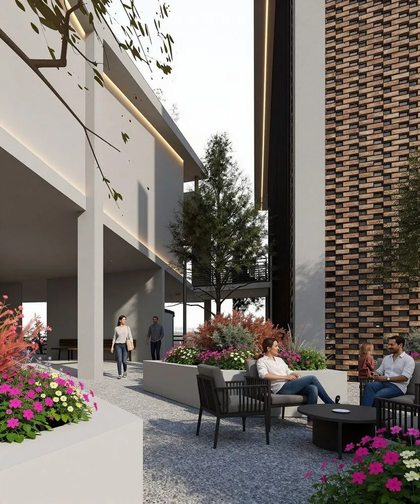 two people sitting on couches next to a building