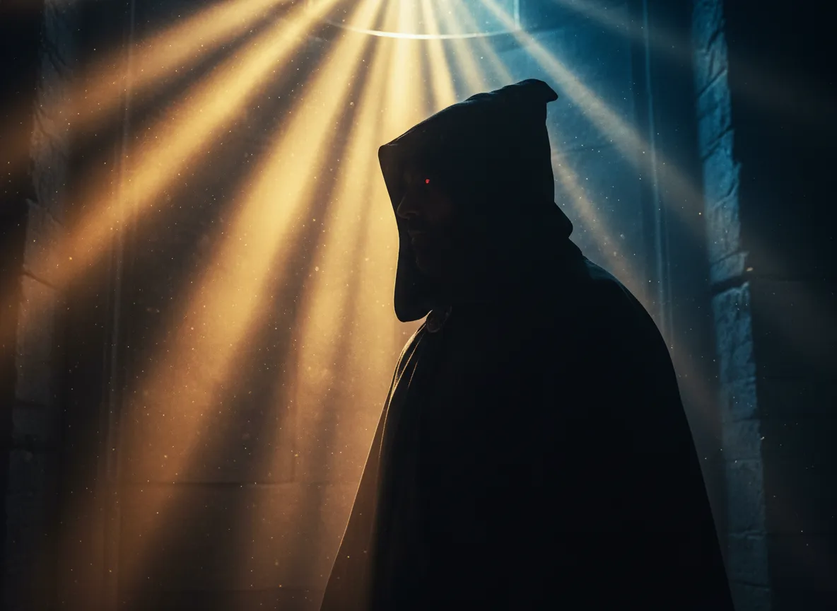 Un primo piano artistico di un personaggio in silhouette, con fasci di luce volumetrica che creano un'atmosfera drammatica e suggestiva.