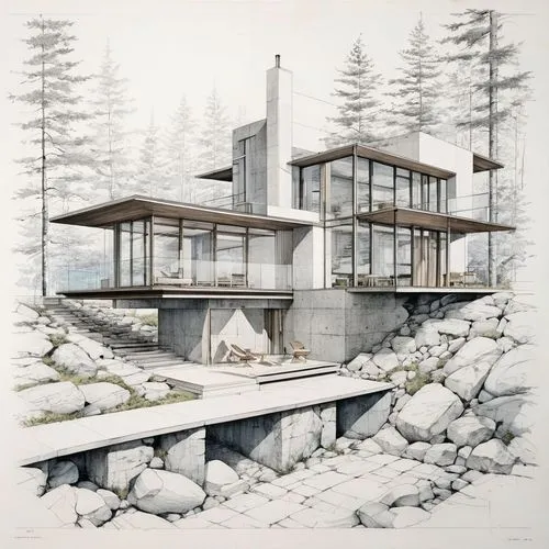 a drawing of a house that has two levels on the top and an upper level,inverted cottage,house drawing,cantilevers,timber house,mid century house,forest house,chalet,modern house,dunes house,house in t