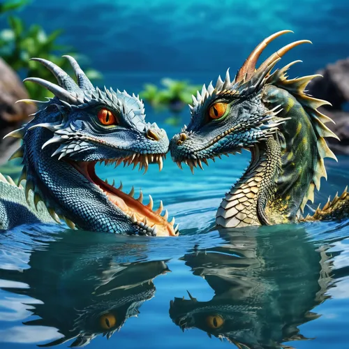 two super cool water dragons looking like yin and yang circling each other while  fighting in a  cool water background,dragons,dragon boat,painted dragon,iguanas,dragonboat,south american alligators,f
