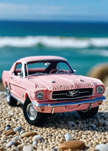 macro shot of a crochet version of a Ford Mustang retro car by the sea, crochet version, spring time, pastel colors, adorable, magical, 8k, very detailed, high resolution,a toy car sitting on top of a