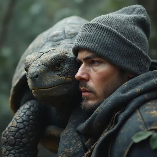 album cover with a grey turtle and a man with a beanie. fantasy art. hyperrealistic  exotic,  8k, Hyper detailed
,a man is holding a tortoise on his shoulders,aladar,tortoises,turtleback,reptilia,java