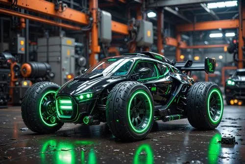 a photorealistic black painted sci-fi car and tiny metallic green wheels, RGB lights, in a futuristic factory, sharp focus, bokeh blur, high resolution, highly detailed, 8k,factory, ((dirt and grime))