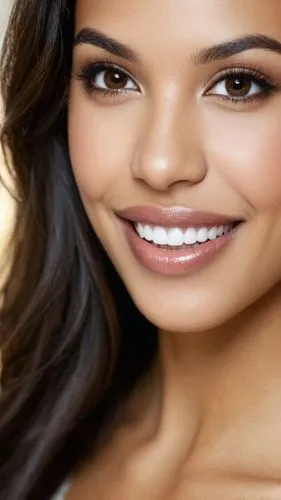 Imagen realista, ultra detallada. Mujer mestiza con la más hermosa sonrisa, sus labios carnosos y su hermosos ojos cafés brillan al pensarme. Cabello liso poco abundante ,a woman with long hair wearin