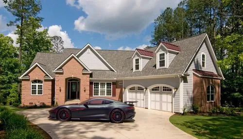 there is a car parked in front of the house,luxury home,driveways,driveway,crib,beautiful home,luxury property,mcmansion,country estate,mcmansions,brick house,domaine,luxury real estate,large home,dre