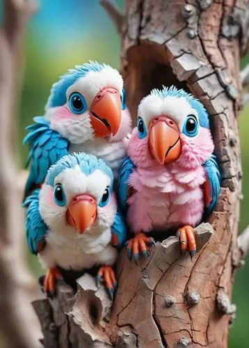 three brightly colored parrots sitting on top of a tree,owlets,couple boy and girl owl,rare parrots,parrot couple,parakeets rare,baby bluebirds,edible parrots,parakeets,birds on a branch,budgies,parro
