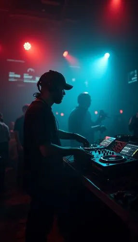 Wide shot. Strobe lights. A Dj is playing live music in a night club. Red and blue neon lights color the place in flashes. Dark white and dark emerald tone, shot on fujifilm. Blurry motion, haze. Vibr