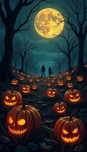 halloween wallpaper,
A dark field filled with glowing jack-o'-lanterns, their eerie faces flickering with flames. Twisted vines snake through the ground, and a full moon bathes the scene in a ghostly 