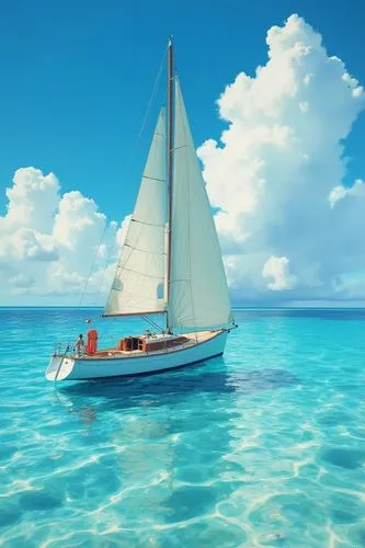 a surreal gouache painting, bright and colorful image of a sailboat that seems to be floating over beautiful tropical transparent water with caustics and sand and clouds reflections








,the white