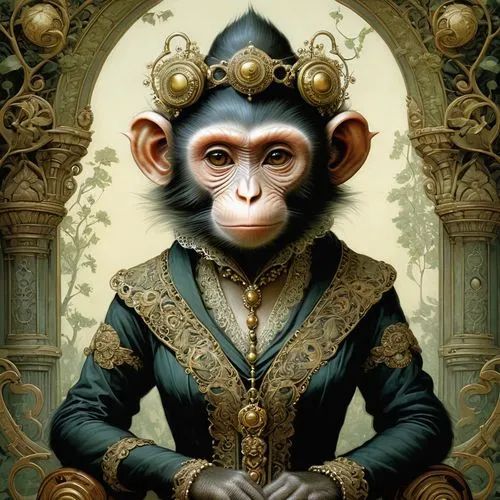 female anthropomorphic monkey ,a monkey dressed in green and gold in a circle,monkey god,macaque,monkey soldier,the monkey,monkey island,simian,monkey,fantasy portrait,emperor,chimpanzee,czarist,chimp