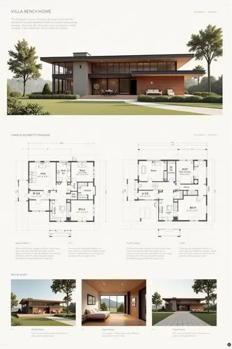 A professional architectural presentation board with a Pure background and a clean, minimalist design layout. The board includes:

Top Section: On the top left, a photorealistic render of a contempora