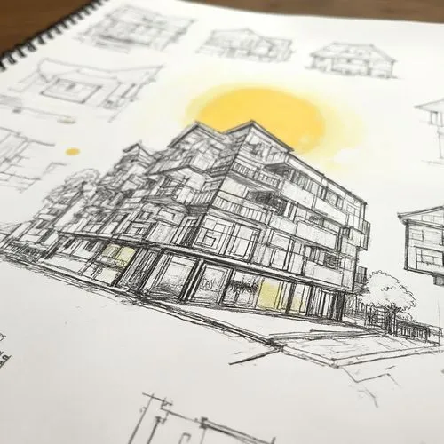 An architectural competition entry for a 3 story condo project, sketchbook style, design studies on the page, a mix of black and white hand drawings with watercolor sketches at various scales, floor p