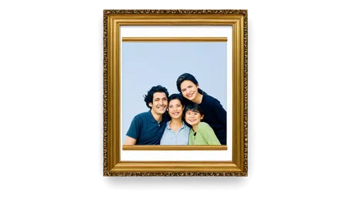 Picture frame, ornate golden border, hanging on wall, 3/4 composition, soft focus, warm lighting, wooden texture, rectangular shape, glass cover, white matting, family photo inside, smiling faces, hap