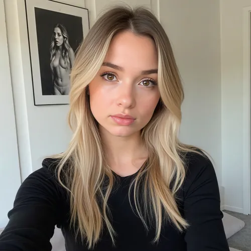 enhance quality, focus on making perfect eyes,a blonde haired woman with brown eyes and long hair,camera,beautiful face,angel face,smooth hair,facial,presenter