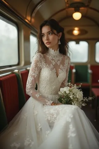 A model wearing an elegant white lace wedding embroyed dress with long sleeves and a high neck, sitting in the carriage of a vintage train car interior, holding flowers, captured by a Hasselblad camer