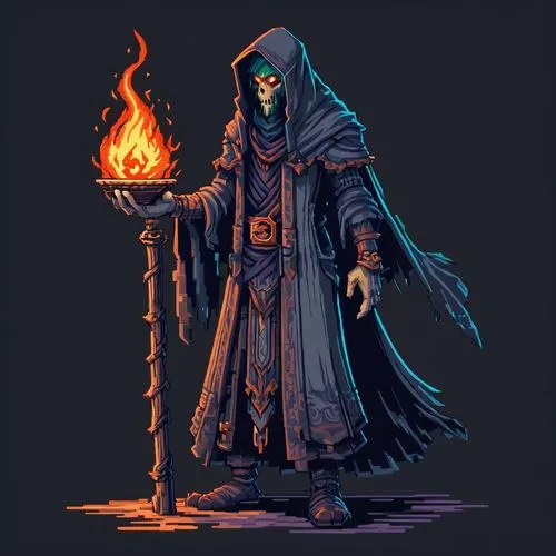 Pixel Art， game Scene,necromancer,undead warlock,grimm reaper,occultist,cultist,conjurer,sorcerer,warlock,archmage,grim reaper,raistlin,ritualist,lich,flickering flame,mage,witchdoctor,torchbearer,can