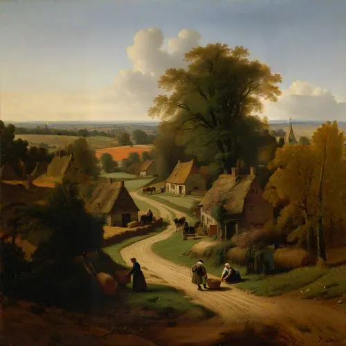 village scene,dutch landscape,rural landscape,farm landscape,autumn landscape,home landscape,landscape,brook landscape,bougereau,cottages,villages,kerken,hunting scene,village life,escher village,cons