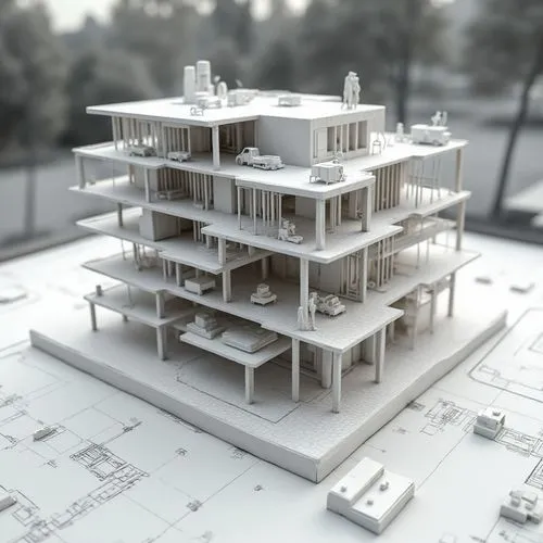 detailed architectural model of a multi-story building. The model is displayed in a monochromatic, technical style, showcasing various structural elements such as floors, rooms, and support beams. Sur