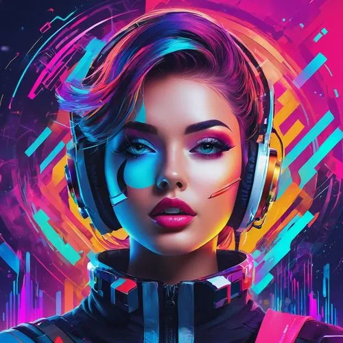 Design a futuristic photo editor for tech geeks,echo,cyberpunk,vector girl,music background,vector art,tiktok icon,80s,digital art,digiart,vector illustration,andromeda,music player,world digital pain