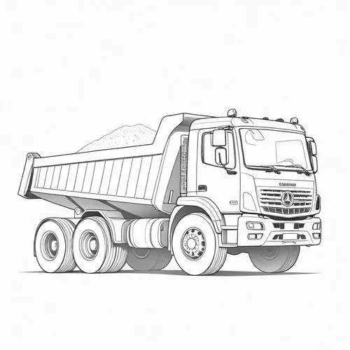 The image shows a simple line drawing of a dump truck. It is depicted from a side view, with the front of the vehicle facing towards the right side of the frame. The truck has a large, open-box bed at