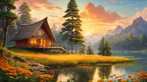(masterpiece:1), (full wide view:1.5),(a beautiful hut located near a lake in the jungle:1.6), (lo-fi vibe:1.3), (sunset scene:1.5), (movie scene:1.3), silence, (reflection and ripples in water:1.4), 