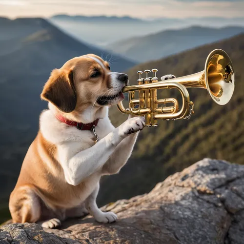 A dslr photo of a dog playing trumpet from the top of a mountain.,trumpeter,trumpet,trumpet climber,saxhorn,trumpet gold,trumpet player,flugelhorn,trumpet-trumpet,sax,tuba,gold trumpet,brass instrumen