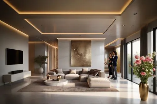 flower box in the living room,two people in a room with a modern looking couch,luxury home interior,interior modern design,contemporary decor,modern living room,modern decor,penthouses