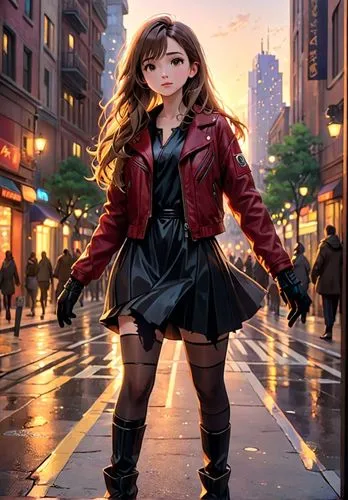 a striking full-body anime of a beautiful 23-year-old Caucasian woman with long brown hair cascading to her shoulders, adorned in a black dress with a neckline and a bold red leather jacket, complemen