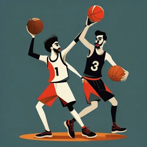 two basketball players with ball in hand, one wearing a black and white jersey,basketball player,basketballers,basketballer,beermen,game illustration,grantland,woman's basketball,nba,basketball,cagers