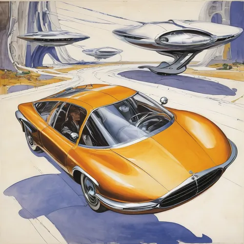 Sketch a futuristic sci-fi world with flying cars and robots.,porsche 904,daimler sp250,porsche 907,porsche 906,opel record p1,lotus elite,etype,mclaren automotive,maserati 6cm,tvr vixen,illustration 