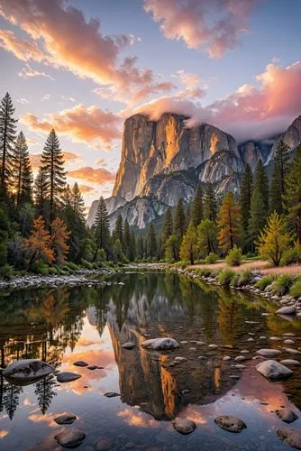 a view of mountains with the sky reflecting in the water,half dome,beautiful landscape,mountain landscape,landscapes beautiful,autumn mountains,alpine landscape,nature landscape,nature wallpaper,salt 