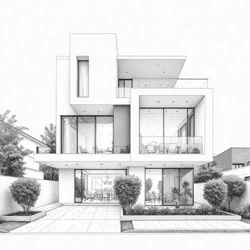 Modern Villa,an architectural drawing showing the rear entrance and entryways to the house,sketchup,revit,house drawing,3d rendering,modern house,arquitectonica