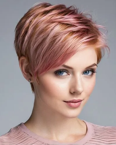 young woman, beautiful short pixie cut strawberry blonde with pink highlights, blue eyes,a beautiful woman with short hair wearing a pink sweater,natural pink,pink hair,aelita,trend color,natural colo