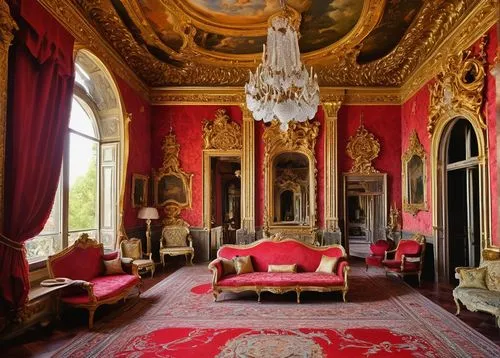 Baroque Rococo palace, grandiose, ornate details, golden ornaments, curved lines, shell-shaped decorations, sculptures of angels, putti, intricate stonework, lavish furnishings, red velvet drapes, cry