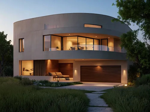 Photorealistic architectural visualization of a luxurious, contemporary off-grid 4-STOREY villa during the cinematic golden Hour. L-shaped residential building. The residence features sweeping, curved