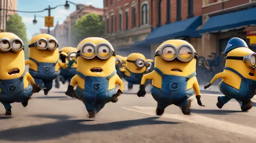 a caricature minion running away from police officers
,minions,despicable me,minion,minion tim,dancing dave minion,banana family,invasion,syndrome,nanas,playcorn,clones,parade,cabs,caper family,minion