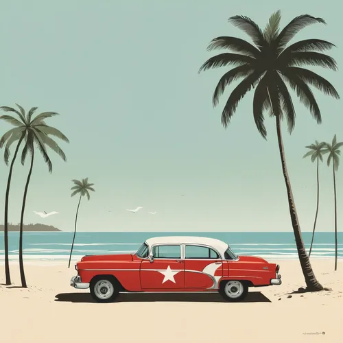 Illustrate a flag of Cuba in a peaceful setting with a serene beach and palm trees.,classic car and palm trees,cuba background,travel trailer poster,travel poster,edsel bermuda,cuba beach,retro 1950's
