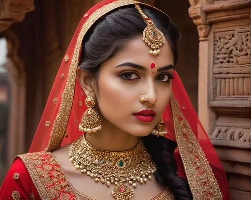 Indian bridal painting, beautiful young woman, traditional red lehenga, intricate golden embroidery, heavy jewelry, maang tikka, nose ring, bangles, anklets, dark hair adorned with flowers, bright red