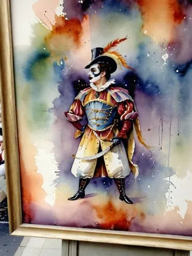 Мужчина в театральном костюме и гриме,the painting is being displayed in a wooden frame,pirate,painting technique,matador,samurai,art bard,piratical