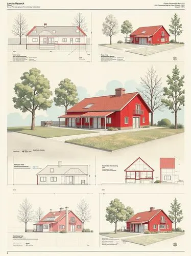 architectural presentations board of a red swedish house design with floorplans, isometric views, sections, tecnical details, 3d rendered views in pastel theme with illustrations and text neat composi