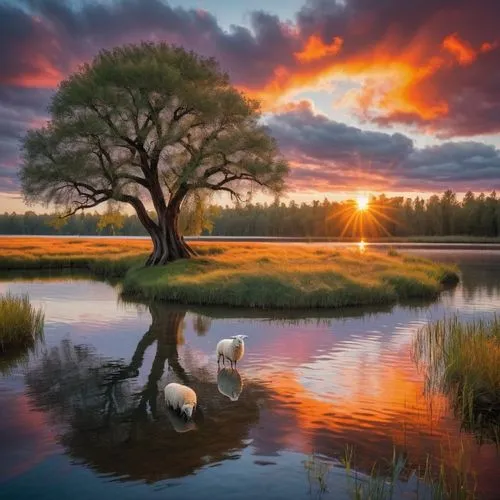 some sheep are drinking water by a tree,lone tree,isolated tree,nature landscape,beautiful landscape,polders,nature wallpaper,Photography,Documentary Photography,Documentary Photography 25