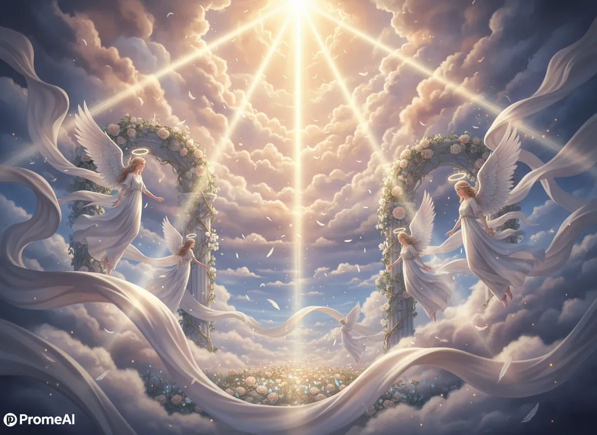 PromeAI द्वारा बनाया गया नाटकीय दिव्य प्रकाश किरणों के साथ एक वायुमंडलीय एंजेलकोर दृश्य जो बादलों वाले आकाश की पृष्ठभूमि को भेद रहा है।