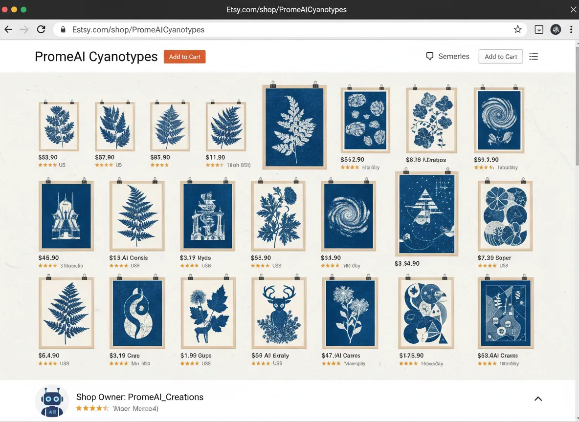 Un'immagine che simula la pagina di un negozio Etsy piena di vari poster in stile cianotipia di diverse dimensioni e design, tutti creati con PromeAI.