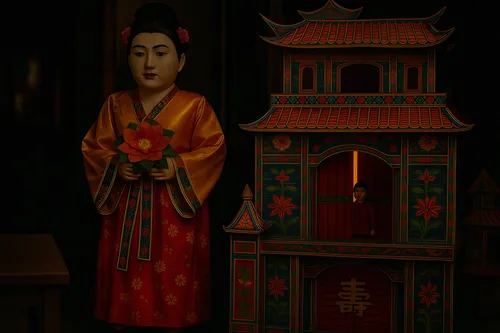 a portrait is displayed in the dark with a doll in it,oriental princess,proprietress,oriental painting,oriental,oriental girl,imperial period regarding