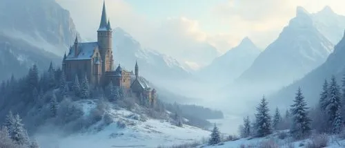Beatiful winter scene ,an abandoned building with steep cliffs in the mountains,ice castle,fantasy landscape,fantasy picture,fairy tale castle,fairytale castle,snow house,mountain settlement,snow land
